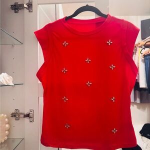 Red Embellished Floral Appliqué Fabric Panel